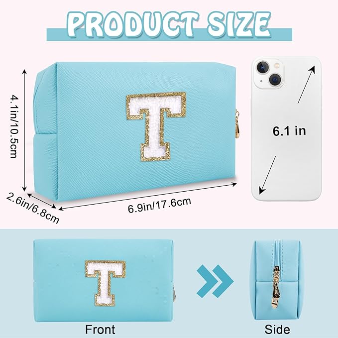 Personalized Small Travel Preppy Makeup Bag, Chenille Letter Blue Cute Makeup Case Initial Cosmetic Pouch Toiletry Organizer, PU Leather Waterproof Makeup Storage Teacher Appreciation Gifts(Letter T)