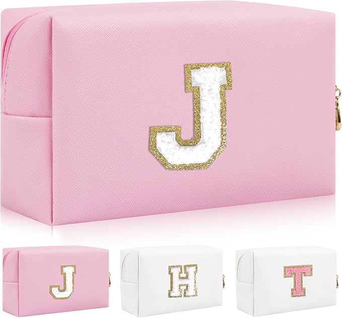 Iqimott Personalized Initial Letter Patch Makeup Bag, Preppy Portable Chenille Letter Cosmetic Bag with Zipper, PU Leather Waterproof Travel Toiletry Bag Monogram Make Up Pouch Girls(Letter J)