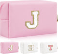 Iqimott Personalized Initial Letter Patch Makeup Bag, Preppy Portable Chenille Letter Cosmetic Bag with Zipper, PU Leather Waterproof Travel Toiletry Bag Monogram Make Up Pouch Girls(Letter J)