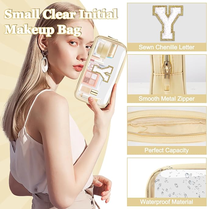 Small Clear Personalized Initial Makeup Bag, Preppy A-Z Chenille Letter Patch Cosmetic Bag, Cute Transparent Nylon Waterproof Zipper Beach Varsity Letter Pouch, Gift for Women Girls(Beige-White Y)