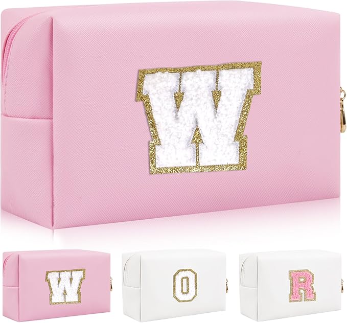Personalized Initial Letter Patch Makeup Bag, Preppy Portable Chenille Cosmetic Bag with Zipper, PU Leather Waterproof Travel Toiletry Bag Monogram Make Up Pouch for Women Girls