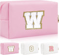 Personalized Initial Letter Patch Makeup Bag, Preppy Portable Chenille Cosmetic Bag with Zipper, PU Leather Waterproof Travel Toiletry Bag Monogram Make Up Pouch for Women Girls
