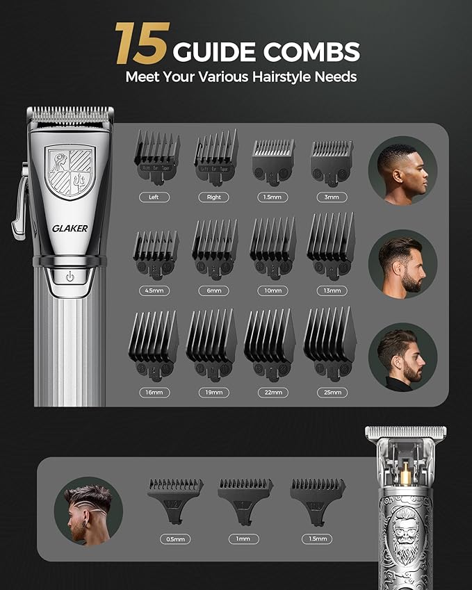 GLAKER Hair Clippers for Men,Professional Mens Hair Clippers Cordless Clippers for Hair Cutting,Precision Trimmer Kit Zero Gap Trimmer with LED Display 15 Guide Combs (Silver)