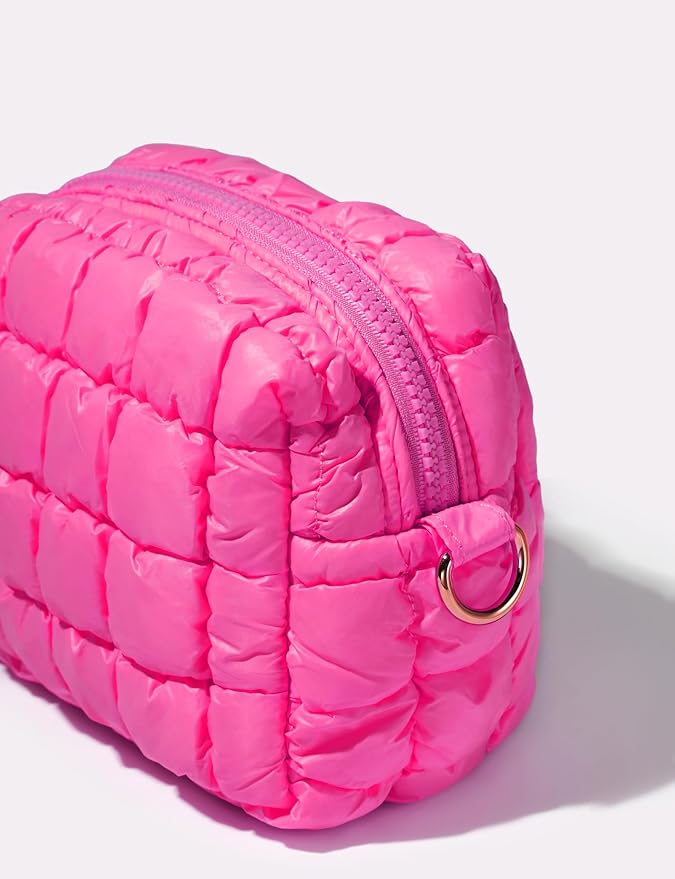 Yarnic Quilted Makeup Bag Cosmetic Bag, Travel Toiletry Bag for Women, Cute Makeup Bag Organizer Puffer Makeup Pouch (Neon Pink, S)