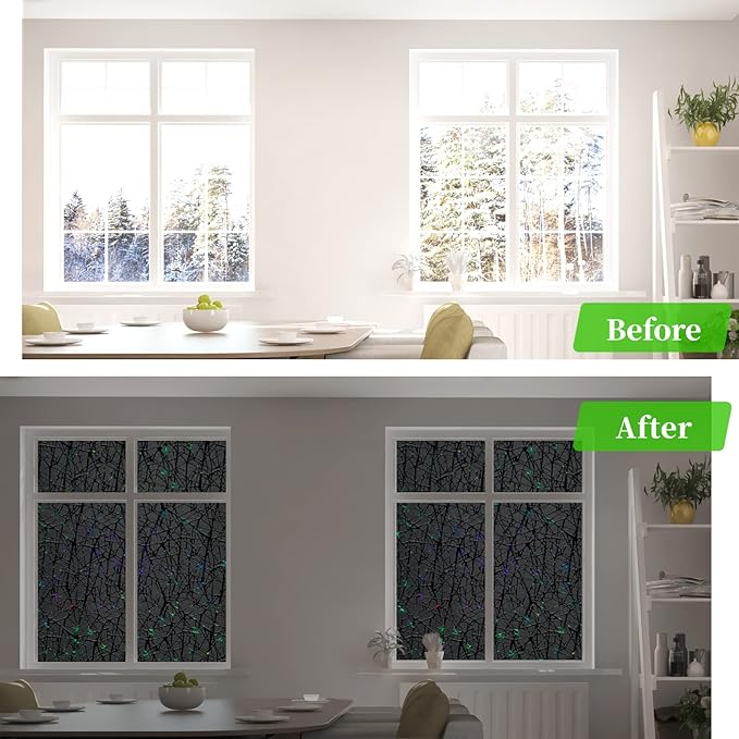QHY Sunshine Total Blackout Window Film Privacy， Frosted Glass Window Film，Black Window Tint， No Glue， Detachable, no Marks, Suitable for Repeated use (Black, 17.5 in X 157.4 in)