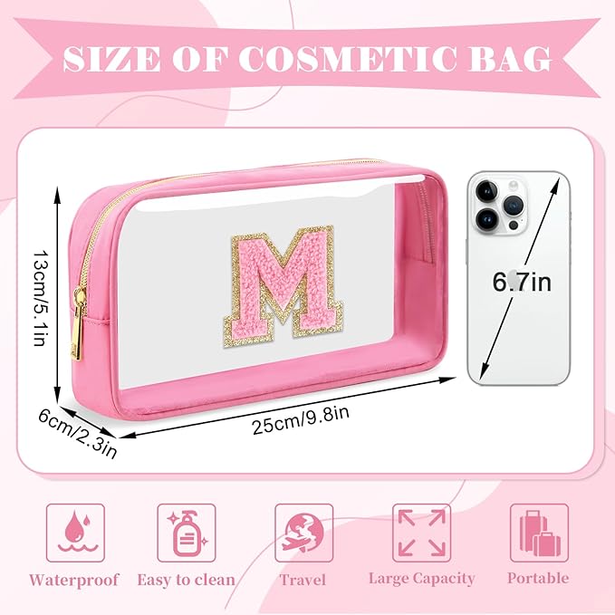 Personalized Initial Letter Clear Makeup Bag,Preppy Small Nylon&PVC Cosmetic Zipper Bag with Chenille Letter,Portable Beach Travel Skincare Toiletry Bag,Trendy Monogram Gift for Teen Girls Women,M