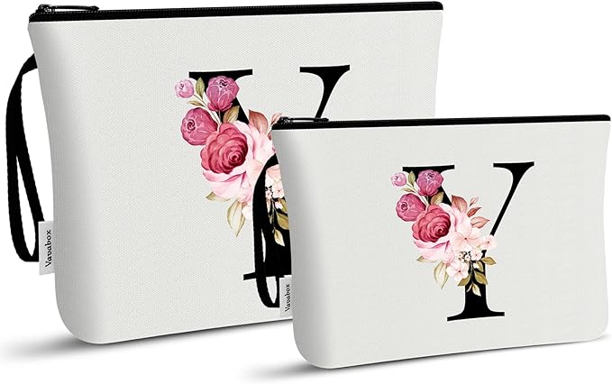 Vavabox A-Z Personalized Makeup Bag, Birthday Gifts for Women Mom, Gifts for Best Friend, Bride Bridesmaid Cosmetic bag (Y, 03-White Set)