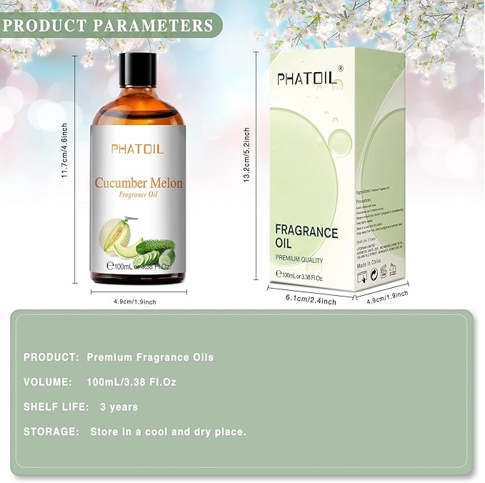 PHATOIL 3.38FL.OZ Cucumber Melon Fragrance Oils for Aromatherapy, Essential Oils for Diffusers for Home, Perfect for Diffuser, Yoga, Skin Care, DIY Candle and Soap Making - 100ml