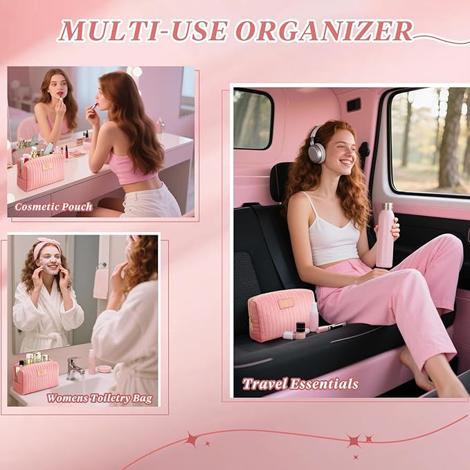 Monogrammed Make Up Bags for Women,Personalized Cosmetic Bags Women,Small Quilted Makeup Pouch,Cute Makeup Bag Travel,Birthday Gifts for Teen Girl (Pink Y)