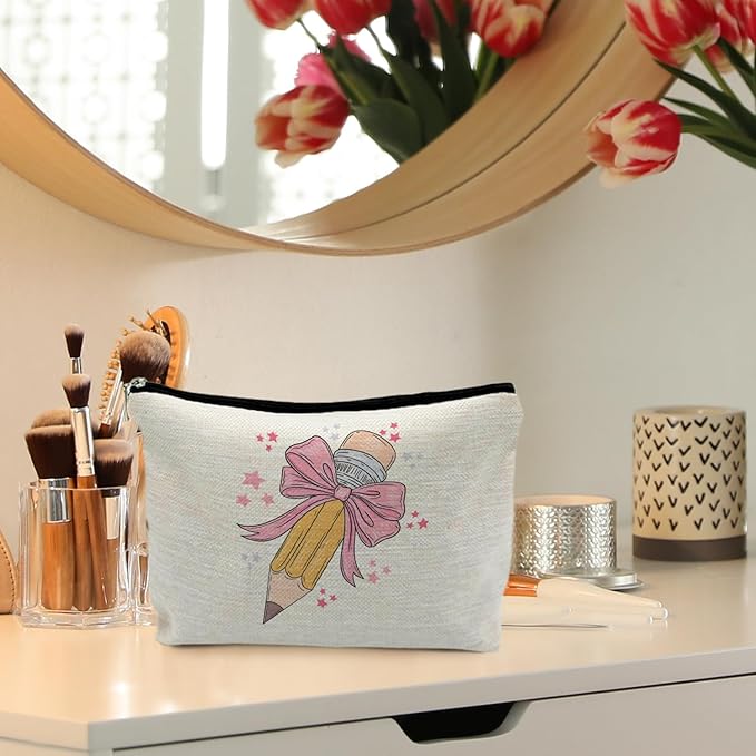 Coquette Pink Bow Teacher Makeup Bag, Teacher Appreciation Gifts Cosmetic Bags for Women, End of Year Teachers Gifts, Preppy Zipper Makeup Pouch for Teachers