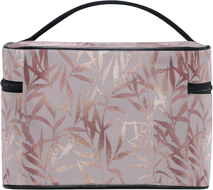 Makeup Bag, Rose Gold Leaves Travel Makeup Organizer Bag Cosmetic Cases Toiletry Bags for Girl Women Ladies