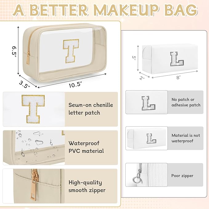 Personalized Initial Clear Makeup Bag, Travel Chenille Patch Cosmetic Bag, Preppy Toiletry Bag Monogram Cosmetic Pouch with Zipper, Ideal Gift for Teen Girls Women (Clear-Beige, T)