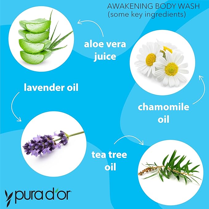 PURA D'OR Awakening Body Wash (16oz x2 = 32oz) Aloe Vera, Chamomile, Lavender, Tea Tree for Invigorating Earthy Scent, pH Balanced for Moisturized Soft, Fresh-Feeling Skin, All Skin Types, Men & Women
