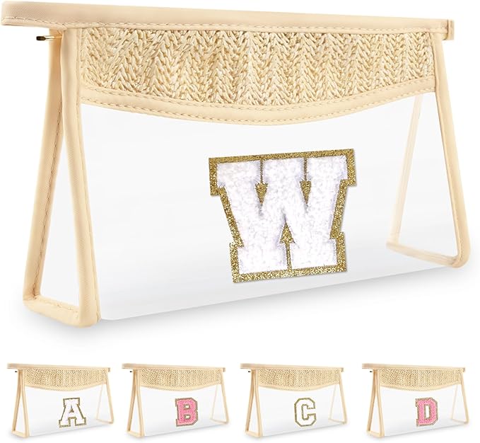 Personalized Initial Letter Bag Boho Straw Clear Makeup Bag,Small Cute Chenille Varsity Letter Bag With Zipper,Beach Travel Toiletry Bag,Portable Monogrammed Cosmetic Bag for Women Girls,W