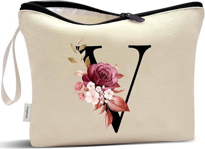 Vavabox A-Z Personalized Makeup Bag, Birthday Gifts for Women Mom, Gifts for Best Friend, Bride Bridesmaid Cosmetic bag (V, Yellow)
