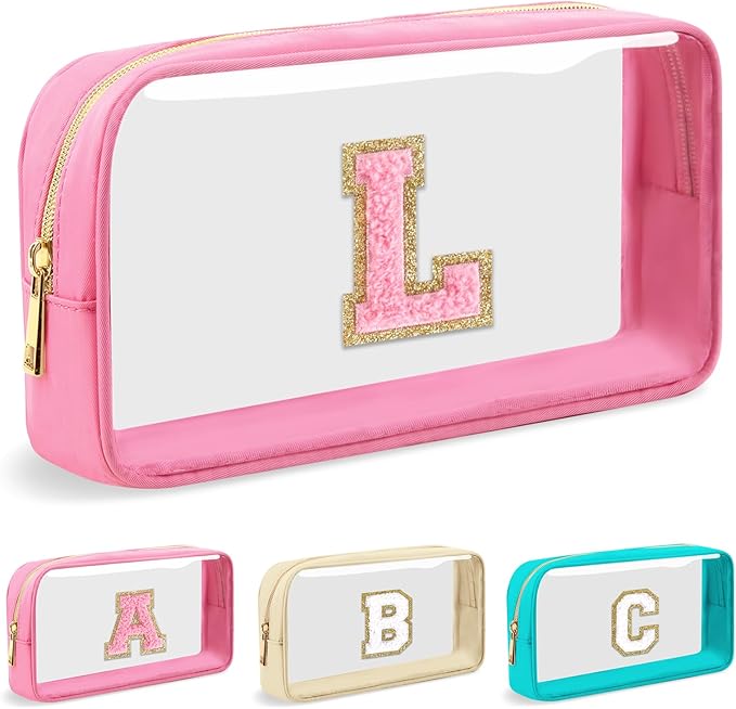 Personalized Initial Letter Clear Makeup Bag,Preppy Small Nylon&PVC Cosmetic Zipper Bag with Chenille Letter,Portable Beach Travel Skincare Toiletry Bag,Trendy Monogram Gift for Teen Girls Women,L