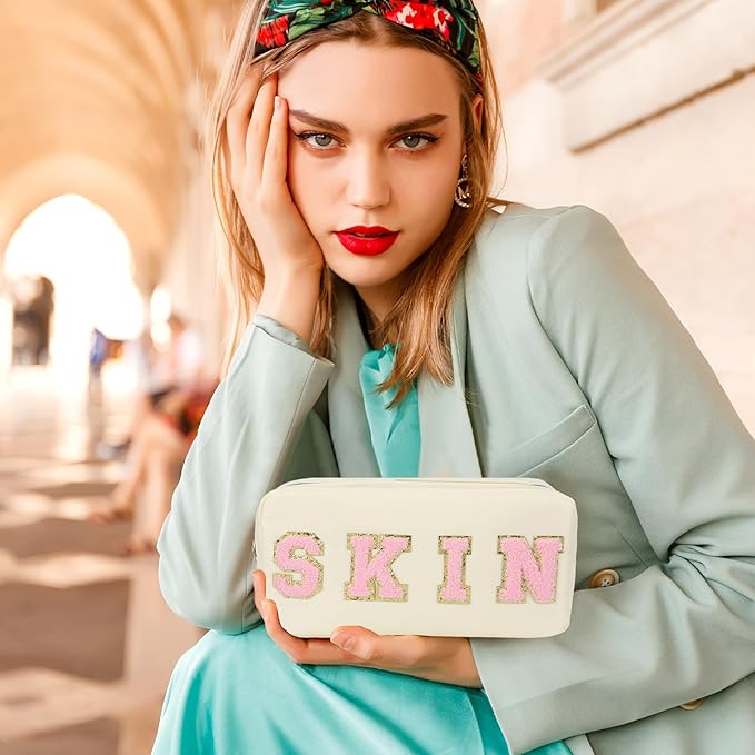 4 Pcs Nylon Cosmetic Bags Travel Organizer Chenille Letter Makeup Pouch Zipper Preppy Waterproof Hair Bag Toiletry Pouch for Women Girls Pinks
