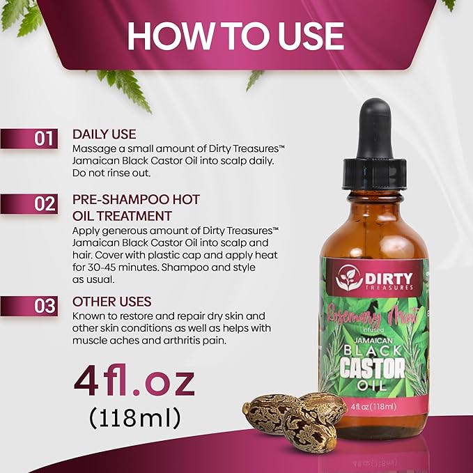 Dirty Treasures Rosemary Mint Castor Oil for Hair Growth and Scalp Treatment | Jamaican Black Castor Oil Hair Growth Oil (4 Ounce)