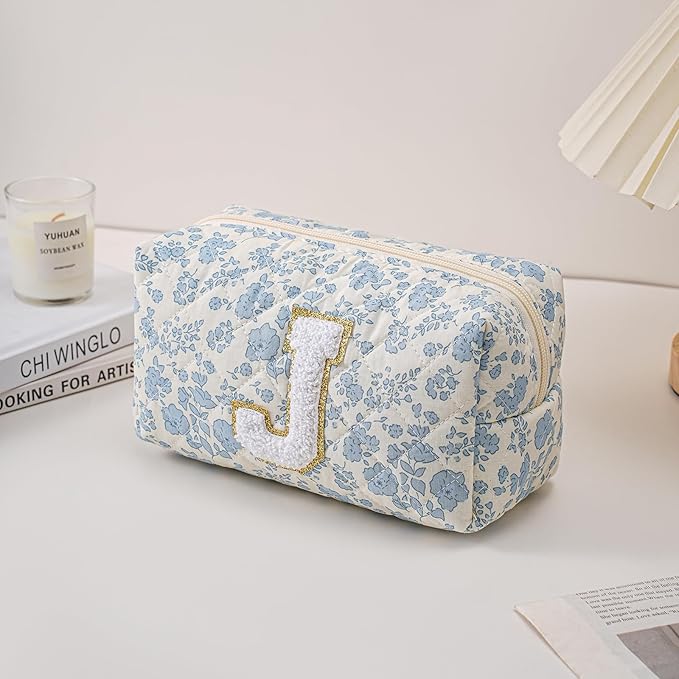 Gleyemor Personalized Initial Makeup Bag for Women, Cute Quilted Blue Floral Cotton Cosmetic Bag, Christmas Gifts for Her Mom Friend Sister Bridesmaid Teacher Women J