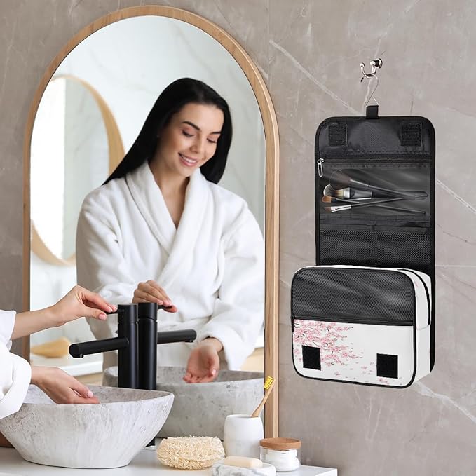 Travel Toiletry Bag for Women & Men Japanese Pink Flower Hanging Cosmetic Organizer Portable Waterproof Makeup Case Make Up Bag with Compartments Travel Essentials for Bathroom Shower