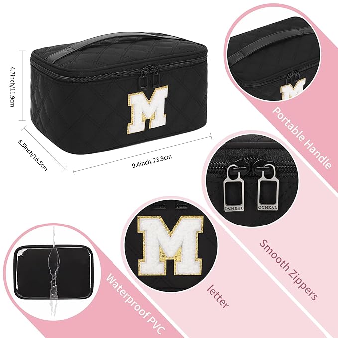 OCHEAL Makeup Bag for Women, Monogram Cosmetic Bag with Brush Holder,Black Travel Makeup Case Beauty Toiletry Bag Organizer Personalized Gifts for Girls Bridesmaid, Sister, Wife, Friends Initial M