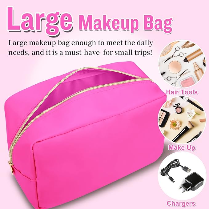 Nylon Large Makeup Bag Travel Cosmetic Bag Pouch, Preppy Big Makeup Bag Cute Cosmetic Zipper Pouch Purse, Waterproof Toiletry Bag Clutch Makeup Organizer Travel Essentials for Women Girls(Hot Pink)
