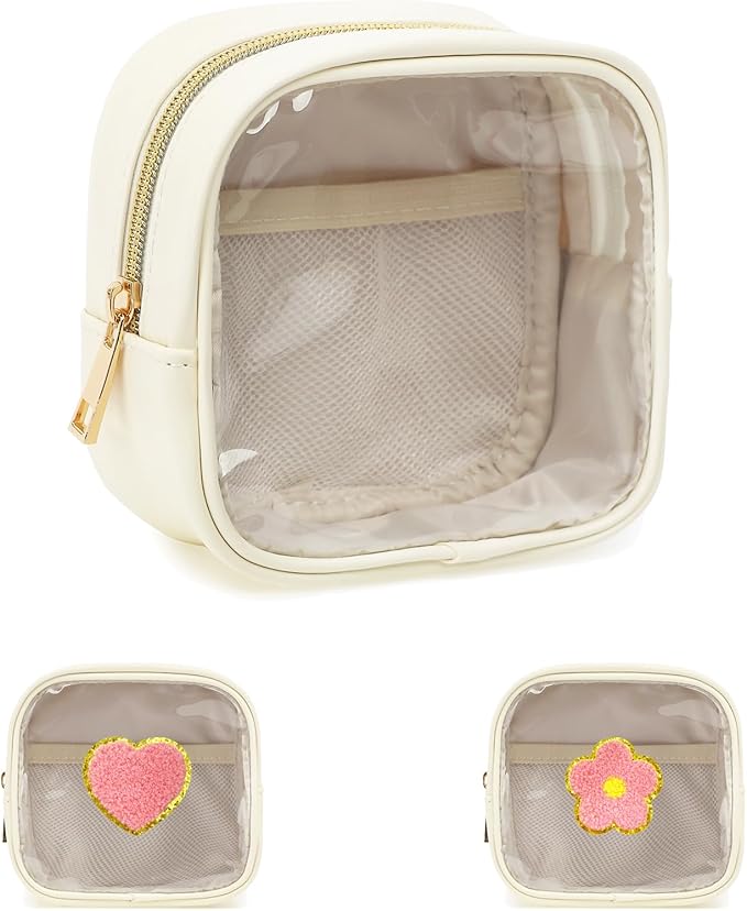 Clear Makeup Bag with 2 Cute Chenille patterns - Waterproof PU Leather Cosmetic Case, Mini Personalized Toiletry Pouch for Women & Teens, ideal for Travel & Gift