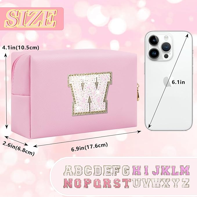Personalized Initial Letter Patch Makeup Bag, Preppy Glitter Letter Makeup Organizer, Cute Monogrammed Pouch Cosmetic Bag PU Leather Waterproof Travel Toiletry Bag, Gift for Women Teen Girls