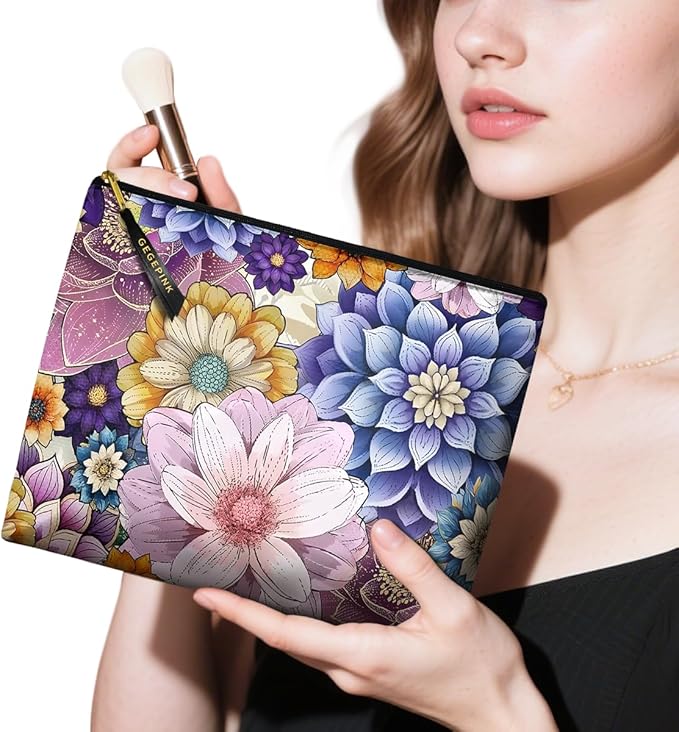 Cute Makeup Bag for Purse Waterproof Cosmetic Bags for Women Funny Smooth Zipper Travel Toiletry Pouch 10X8 Inches-Purple Boho Floral Makeup pouch