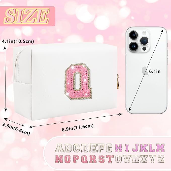 Personalized Initial Makeup Bag, Small Preppy Glitter Letter Cosmetic Pouch PU Waterproof Zipper Travel Toiletry Bag, Unique Letter Patch Makeup Organizer Gift for Women Teen Girls