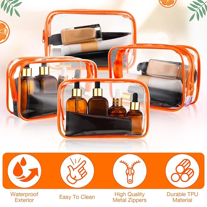 Weewooday 12 Pieces Clear Makeup Bags Cosmetic Storage Bags PVC Zipper Pouches Travel Waterproof Makeup Plastic Case for Women Organizing Toiletries Traveling Bathroom(Small,Orange)