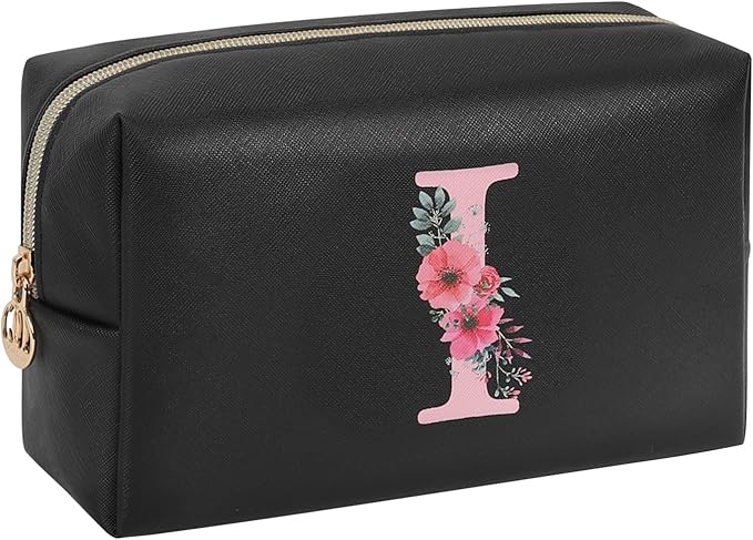 Personalized Initial Makeup Bag, Birthday Gifts for Women and Girls, Small Makeup Pouch Travel Toiletry Bag, Make Up Organizer Bag Gift Trendy Stuff for Friend Mom Teacher, Black