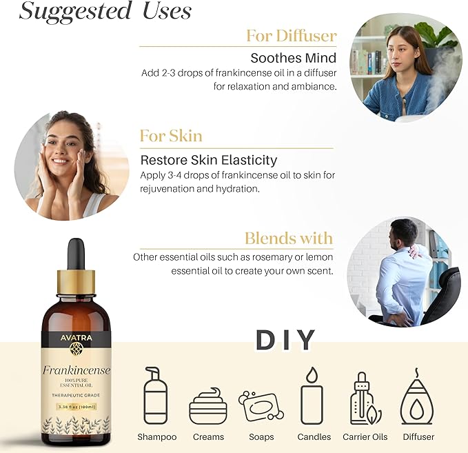 Avatra Frankincense Essential Oil 100ML (3.38 OZ) with Glass Dropper and Travel Bottle, Pure and Natural Therapeutic Grade Frankincense Oil for Diffuser, Aromatherapy, Massage, and DIY Candle Products
