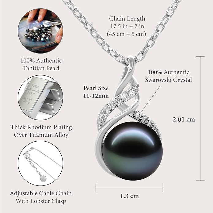 TRYNDI Real Tahitian Black Pearl Necklace Gifts for Women - Larger 11-12mm Luxury Pearl, Gifts For Wife Christmas - Valentines Soulmate Necklace For Women