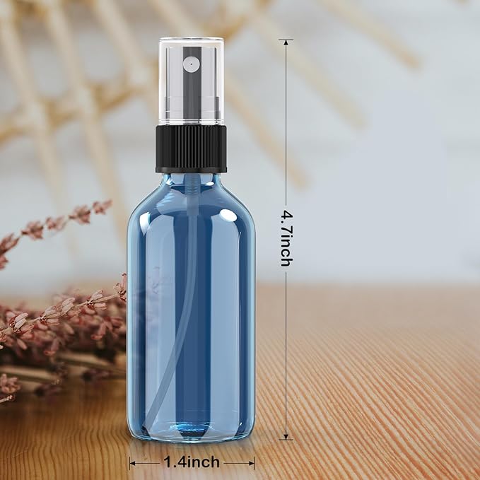 Wedama 2 oz Mini Glass Spray Bottles, Empty Small Spray Bottles with Funnel Dropper, Fine Mist for Hair, Travel, Plants, Cleaning Solutions and Skin Care (4 Pack Indigo Blue)