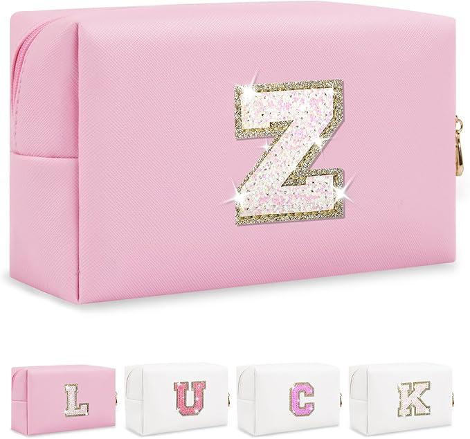 Initial Letter Patch Makeup Bag, Preppy Glitter Pouch Cosmetic Bag, Small PU Travel Toiletry Bag Zipper, Personalized Monogrammed Gift for Friends, Sisters & Teens (Letter Z)