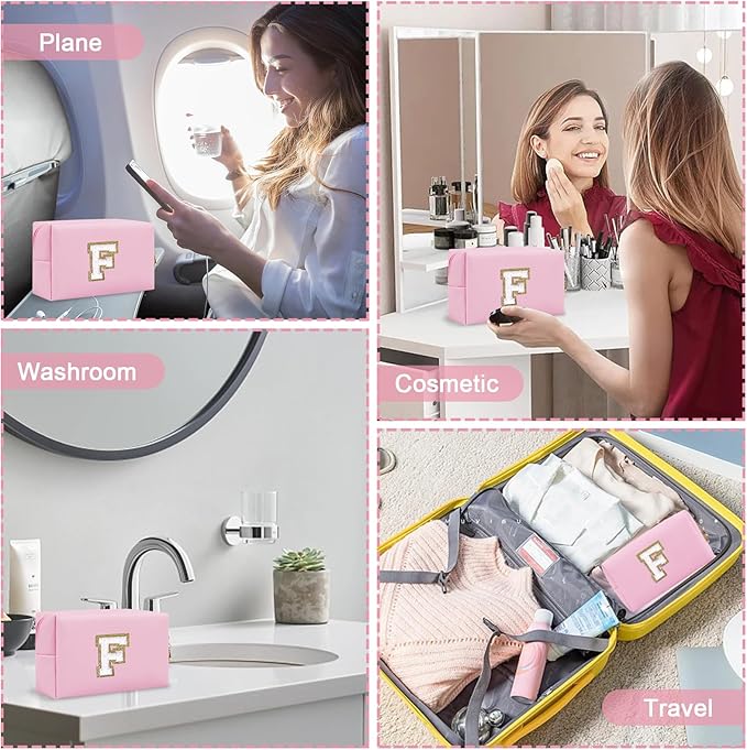 Small Initial Preppy Makeup Bag, Personalized Travel Cosmetic Organizer Chenille Letter Pink Toiletry Zipper Pouch, Portable Waterproof Make Up Case Friendship Gifts for Families Friends(Letter F)