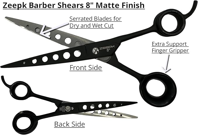Professional Barber Shears Set 8 inch Hair Cutting Scissors and Thinning Shears for Salon and Home Use Serrated Edge German Steel Black Matte With Barber Shaving Razor Right Handed