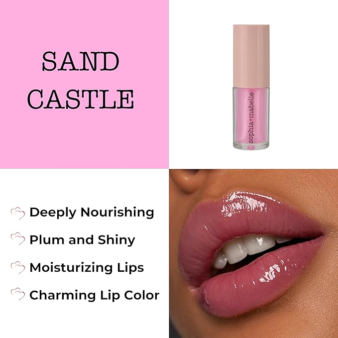 Sophia + Mabelle Hydrating Lip Oil – Lightweight, Non-Sticky & High-Shine Lip Gloss Oil – Moisturizing, Nourishing, Soothing Tinted Formula for Soft Lips – 3.7g (Sandcastle (Baby Pink), 3.7g)