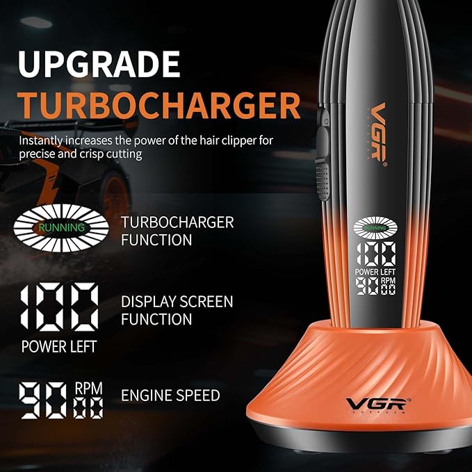 VGR 889T Professional Hair Trimmer for Men, 9000RPM High Speed Cordless Hair Clippers Beard Trimmer with Ceramic & DLC T Blade, Zero Gapped Barber Clippers with USB Charging Base, LED Display