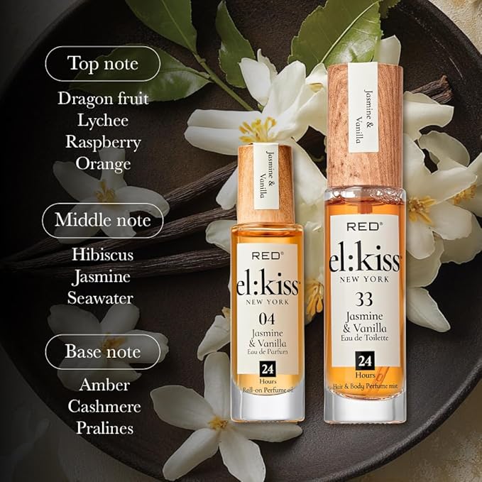 EL:KISS Roll On Perfume, Jasmine & Vanilla Inspired by SDJ 68, Eau de Parfum 12mL (.40 Fl Oz), Hydrating & Long-Lasting, Alcohol-Free & Mineral Oil-Free, With Jojoba, Argan & Coconut Oil