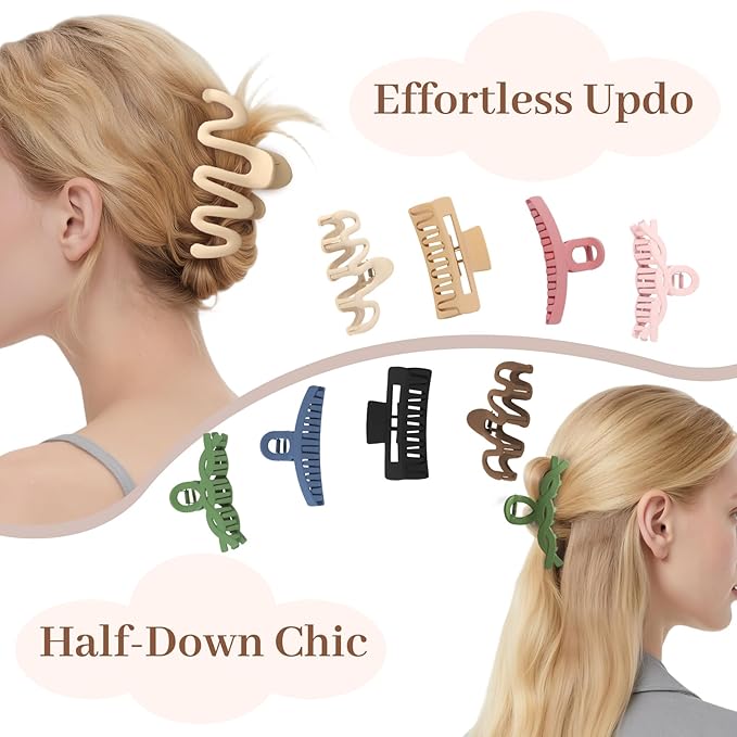 Matte Non-Slip Large Hair Clips for Women 8-Pack (Eight Unique Colors), Durable Claw Clips for Women/Girls | Gift-Ready Neutral Hair Accessories for Daily & Special Occasions