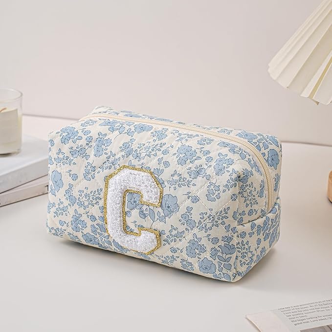 JOVAKIT Makeup Bag Cosmetic Bags for Women, Christmas Gifts for Girls Age 6-18, Alphabet Pink Floral Coquette Zipper Travel Makeup Pouch, Organizer Case Trendy Stuff (Pink+ Blue C)