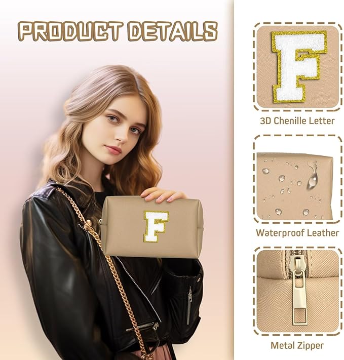 TOPEAST Initial Cosmetic Bag, PU Leather Waterproof Travel Toiletry Bag, Monogrammed Gifts for Women, Personalized Birthday Gift for Sister Friends, Cute Stuff for Girls (Khaki K)
