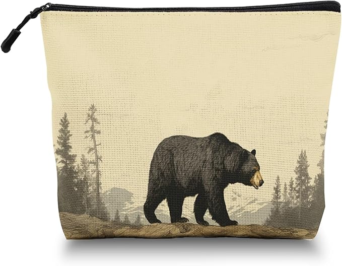 Cosmetic Bags Travel Makeup Toilet Case Waterproof Pouch for Women Girls 6.7X9.45inches - Black Bear Walking in A Mountainous Forest Landscape