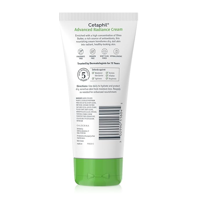 Cetaphil Advanced Radiance Cream with Shea Butter, 6 oz, For Dry, Dull Skin, More Radiant Skin, 48 Hour Hydration, All Skin Tones & Types, Hypoallergenic, Fragrance Free
