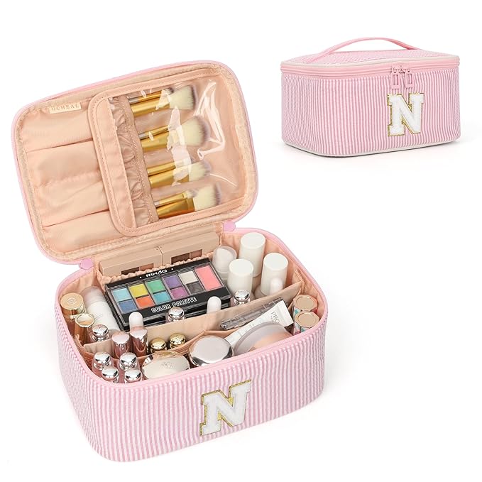 OCHEAL Makeup Bag for Women, Monogram Cosmetic Bag with Brush Holder, Pink Travel Makeup Case Beauty Toiletry Bag Organizer Personalized Gifts for Girls Bridesmaid, Sister, Wife, Friends Initiall N