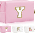 Iqimott,Personalized Initial Letter Patch Makeup Bag, Preppy Portable Chenille Letter Cosmetic Bag with Zipper, PU Leather Travel Toiletry Bag Monogram Make Up Pouch for Women Girls(Letter Y)