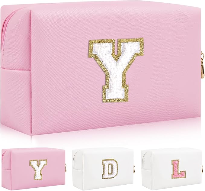 Iqimott,Personalized Initial Letter Patch Makeup Bag, Preppy Portable Chenille Letter Cosmetic Bag with Zipper, PU Leather Travel Toiletry Bag Monogram Make Up Pouch for Women Girls(Letter Y)