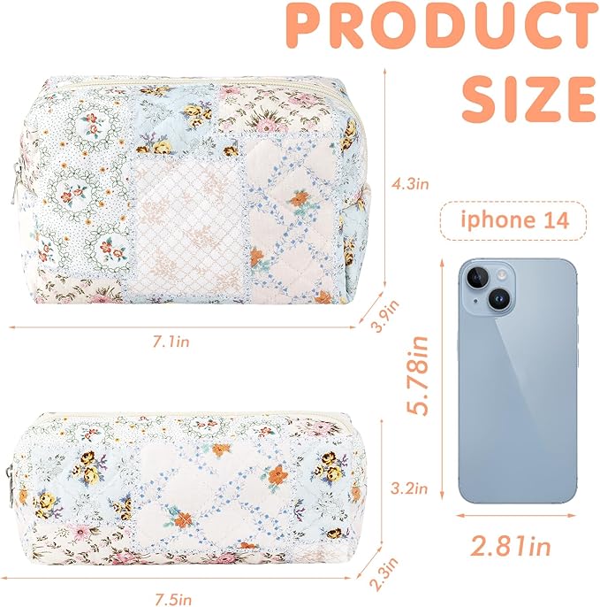 2Pcs Cotton Quilted Makeup Bag for Women Girls Coquette Small Floral Cosmetic Bags Cute Zipper Pencil Pouch Aesthetic Makeup Pouch Trendy Cloth Bee&Flower Travel Toiletry Skincare Bag